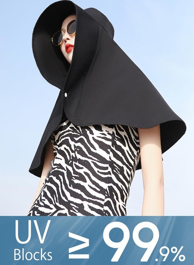 Zhula Women Oversized Sun Cape Hat - Full Coverage UPF50+ Adjustable Design with Ponytail Hole, Wide Brim Neck Shoulder Shieldties (Black) - Image 3